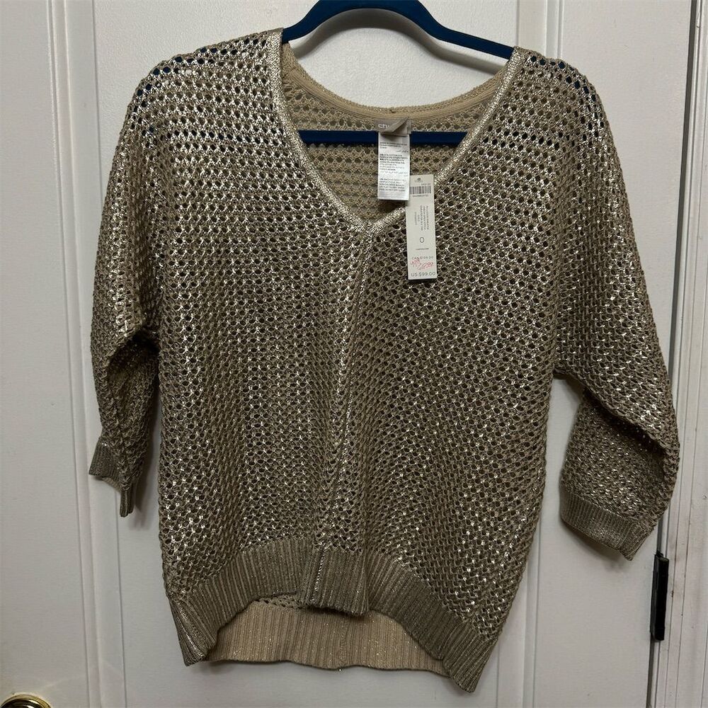 Chico's Women's Gold V-Neck 3/4 Sleeve Knit Pullover Sweater